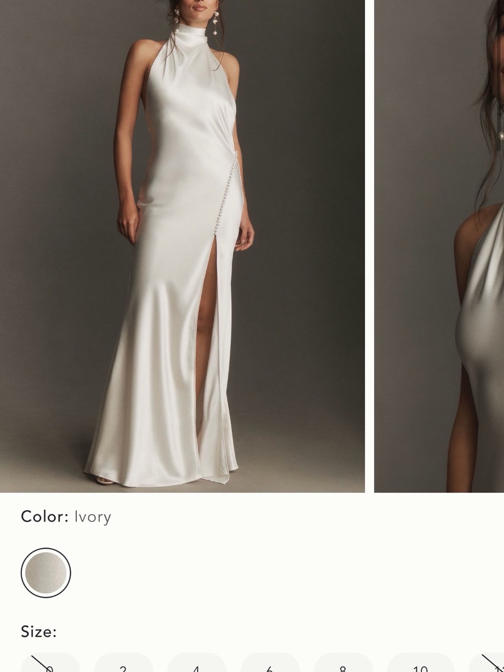 Anthropologie Cream Satin Halter Dress with Button Detail